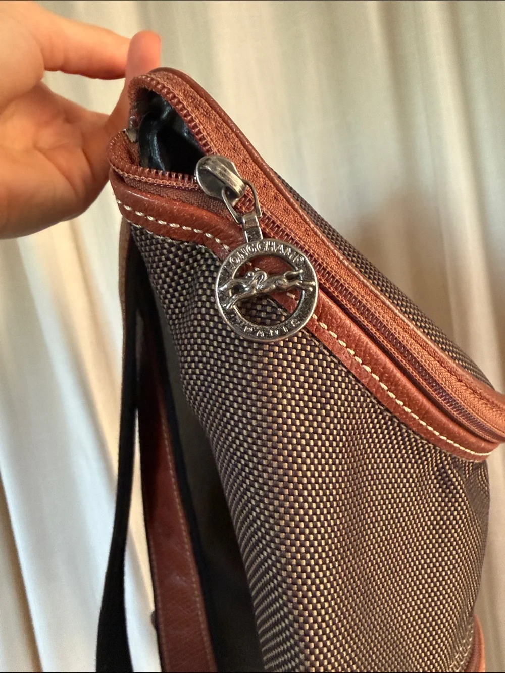 Vintage Longchamp Classic Brown Nylon Backpack with Leather Trim